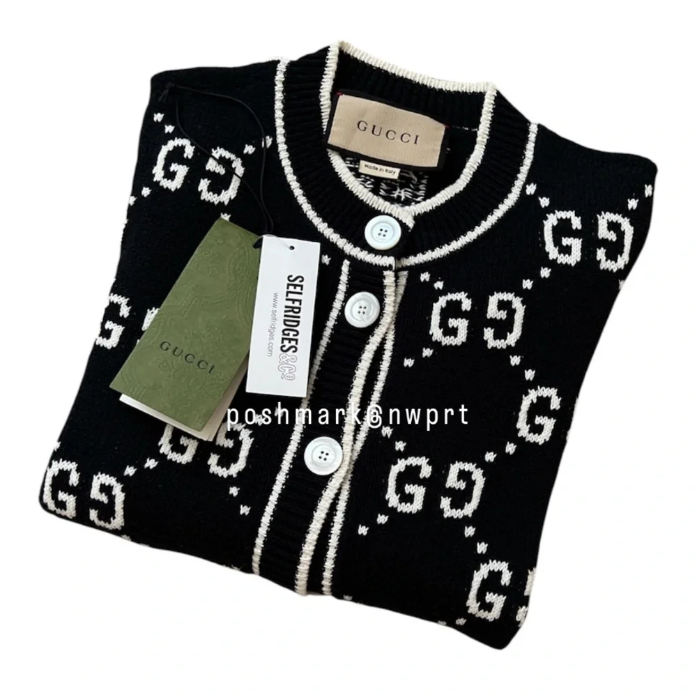 GUCCI 🙌 GG Supreme Logo Cardigan Sweater Black Ivory White Cotton XS - Picture 5 of 16